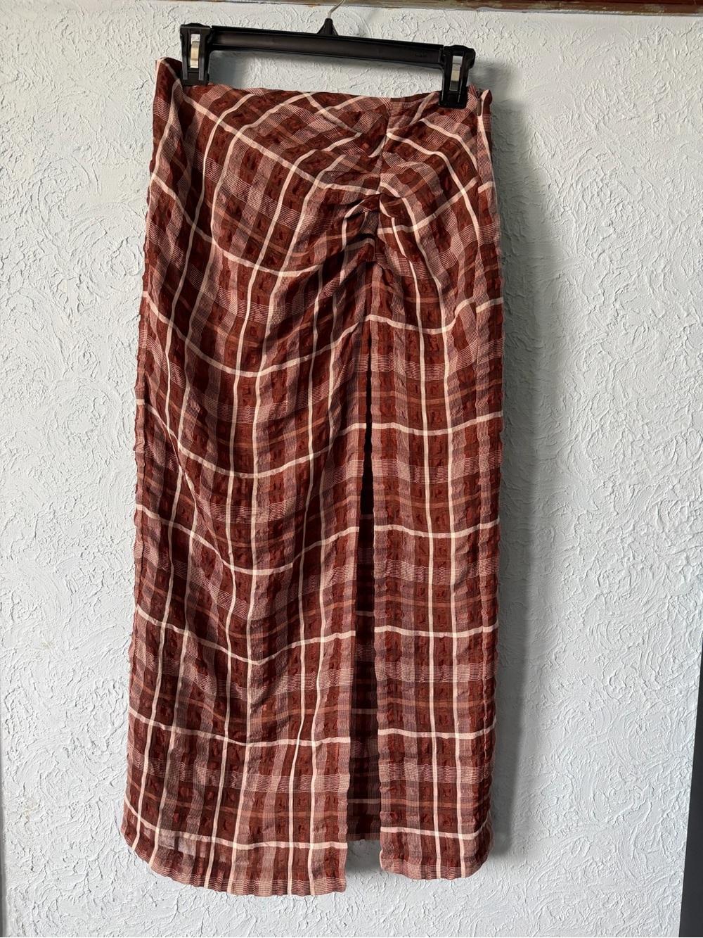 Zara Rust and Cream Plaid Midi Skirt with Front Slit